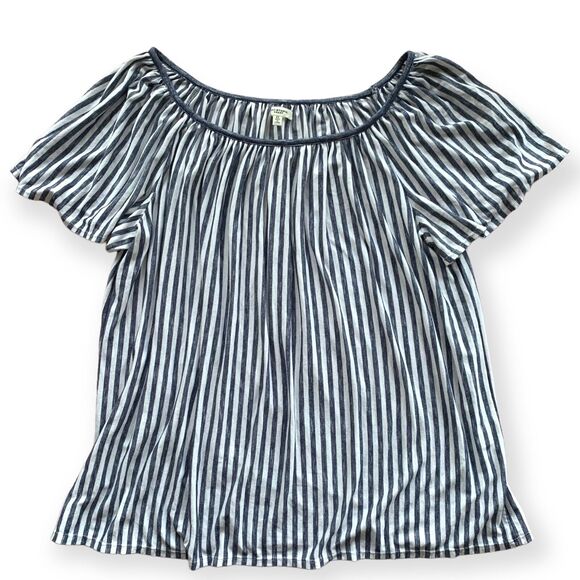 MAX STUDIO Shirred Flowy Blouse Pinstriped Off Shoulder Chic Top Soft Gray 2X - Picture 9 of 9